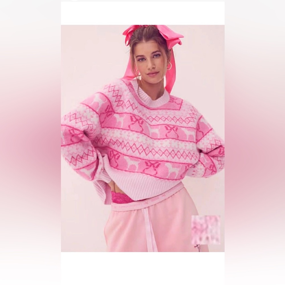 VS PINK LoveShackFancy BOXY SWEATER ICONIC DOG & BOWS XL NWT